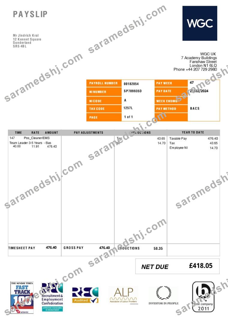 United Kingdom WGC cleaning service payslip template in Word and PDF formats.pdf, 1